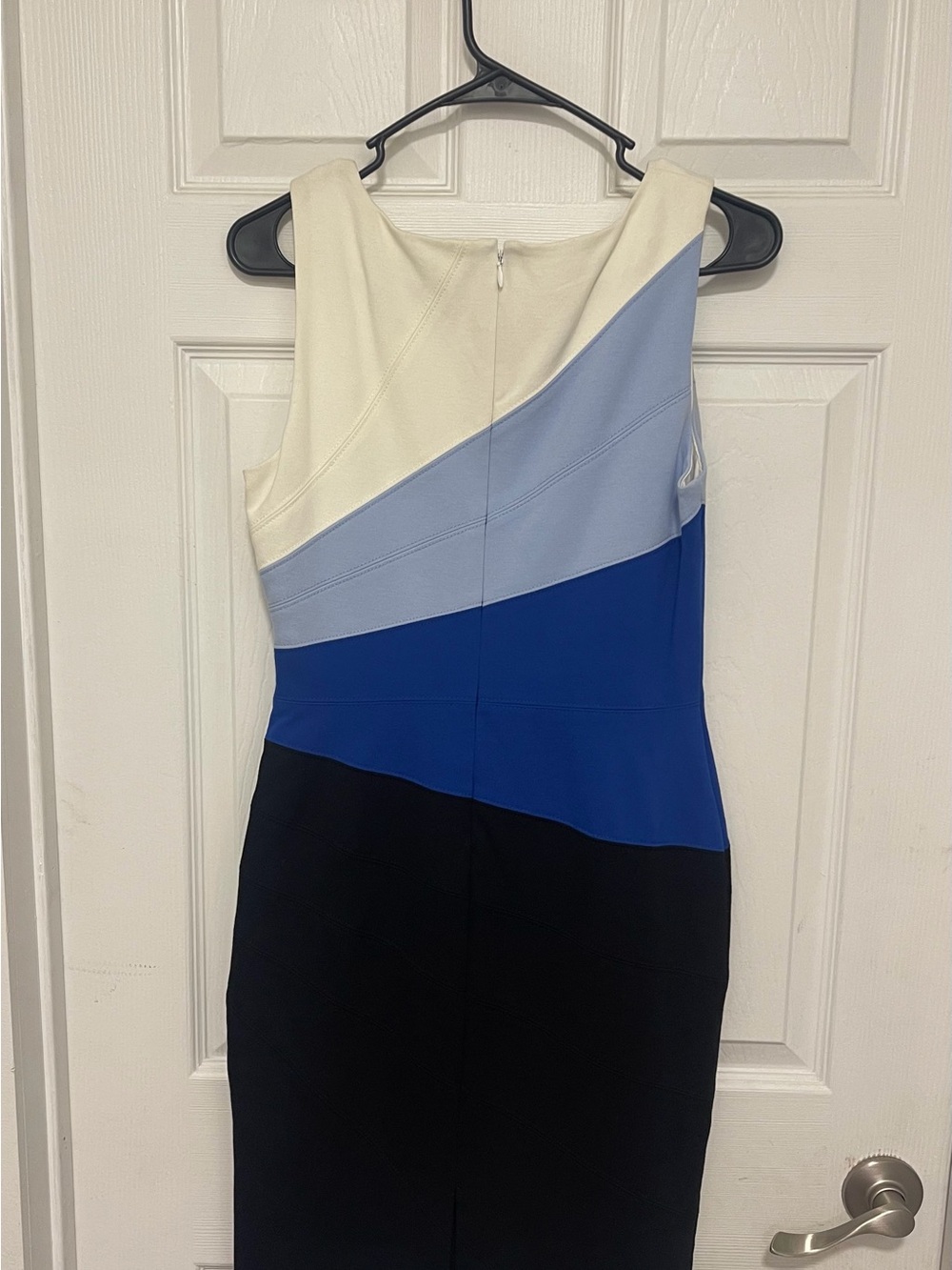 Colorblock Sheath Dress in white, Light Blue, Royal Blue, and Black